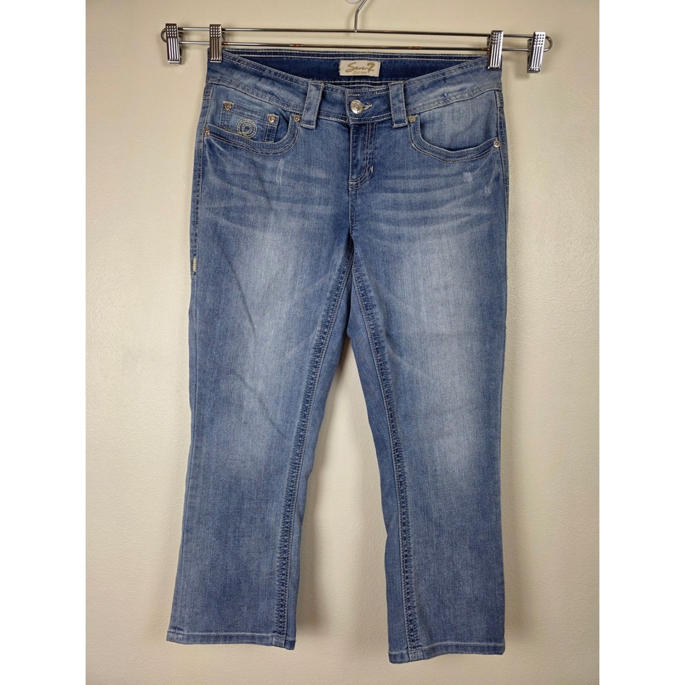 Seven7 Jeans Womens 32Wx23L Cropped Capri‎ Blue Medium Wash Denim Embroidered